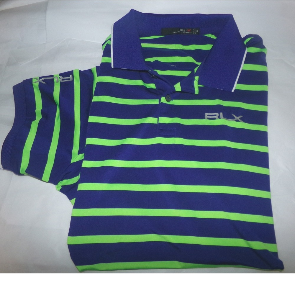 RLX Ralph Lauren USED Mens XLGolf Polo Shirt Blue Green Striped Short Sleeve